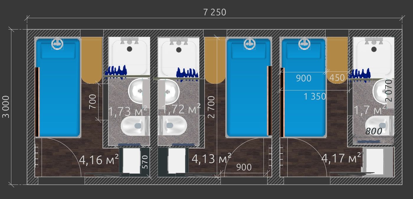 Technischer Plan des Moduls, Detailansicht Bad und Stauraum