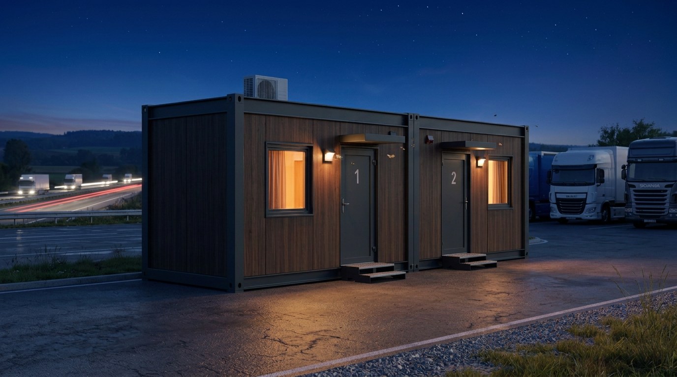 SMART-STOP-24/7-Modul nachts an einer Fernstraße, beleuchtete Fenster, autonomer Betrieb ohne Personal