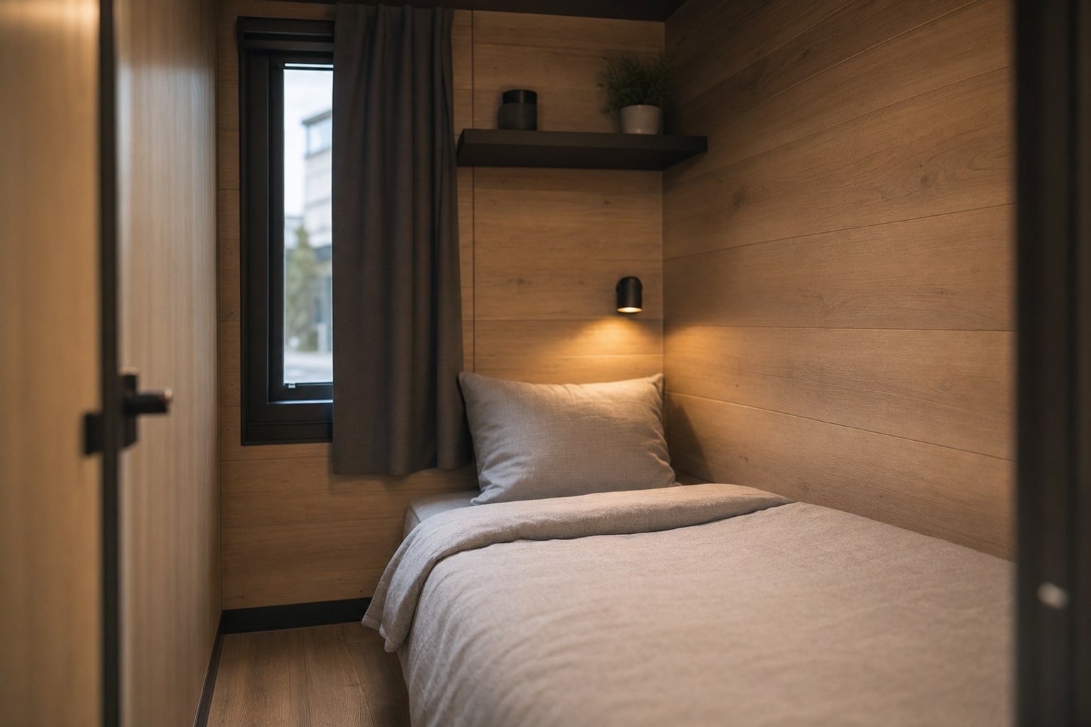 Innenraum eines SMART-STOP-24/7-Zimmers — kompaktes Bett und Holzverkleidung