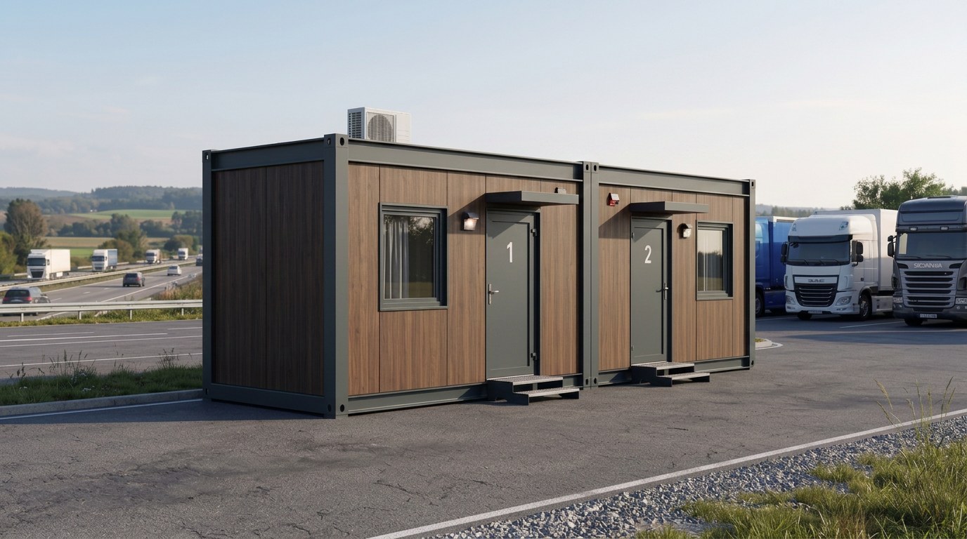 SMART-STOP-24/7-Modul tagsüber auf einem Parkplatz an der Fernstraße, Außenansicht